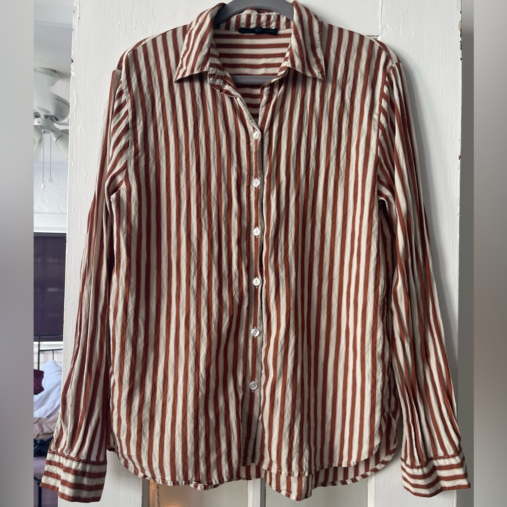 Jane and Delancey Orange and White Striped Button Down Shirt